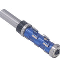 Top Pick Spiral Flush Trim Router Bit For Woodworking Pros With Tungsten Carbide Blades And 1/2 Inch Shank To Cut Smooth Edges Fast, showing blue cutter with bearings.