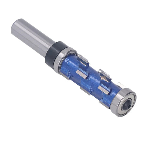 Top Pick Spiral Flush Trim Router Bit For Woodworking Pros With Tungsten Carbide Blades And 1/2 Inch Shank To Cut Smooth Edges Fast, showing blue cutter with bearings.