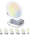 6 Inch 3CCT Ultra-Thin LED Recessed Ceiling Light With Junction Box, 3000K 4000K 5000K Selectable, 15W Equivalent To 120W, 1100 Lumen High Brightness Dimmable Canless Wafer Downlight, ETL Certified, 6 Pack, showing one light and junction box with cord