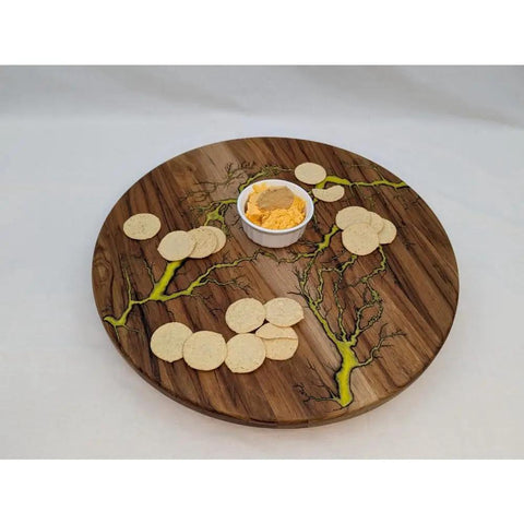 Handmade 17 Inch Lazy Susan Turntable with resin finish, holding crackers and dip, for kitchen organization and country decor