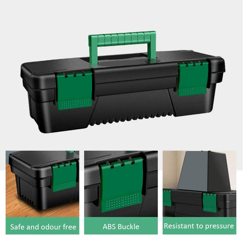 Kickass Tailgate Ready Tool Box Featuring An Unbreakable Hinged Lid And Grippy Top Carry Handle Perfect For Camping Rigs Weekend Getaways And Job Site Repair Snap Up This Hassle Free Storage Crate Today. Black tool box with green ABS buckle and top carry handle.