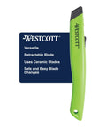 Front view of Westcott box cutter safety ceramic utility knife with lime-green handle and retractable blade