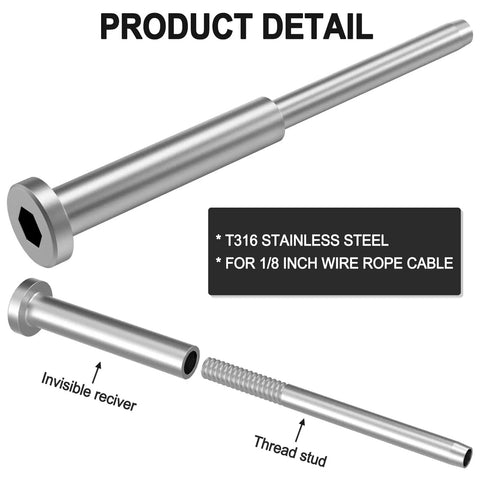 Close-up of T316 stainless steel receiver and thread stud for 1/8 inch wire rope cable, part of the 20 Pack Invisible Cable Railing Kit For One Eighth Inch Stainless Steel Cable With Receiver And Swage Stud Ends Fits 2x2 And 4x4 Wood Or Metal Posts Great For Decks And Stairs Level Or Angled Install DIY Friendly Low Profile Modern Look.