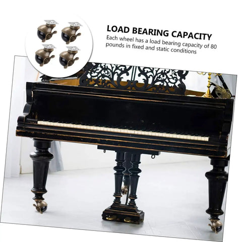 Built Tough Four Piece Vintage Brass Plate Casters With Smooth Rolling Heavy Duty Wheels on a piano, showing load capacity of 80 pounds.
