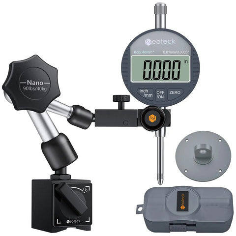 Digital Dial Indicator Set With Magnetic Base 1 Inch Travel 0.0005 To 0.01 Inch Resolution Pro Grade shown with accessories.