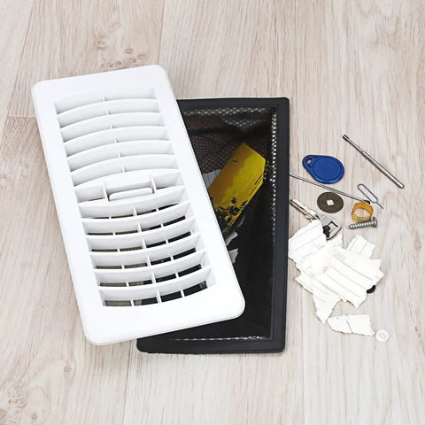 Floor Vent Mesh Filter Net Trap 4x12 Inch, debris catcher for floor registers, shown with trapped debris and a white vent cover