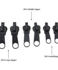 Zipper Repair Kit For Coats, Jackets, Tents And Backpacks, Includes 6 Zipper Sliders In 3 Sizes, black sliders displayed in row
