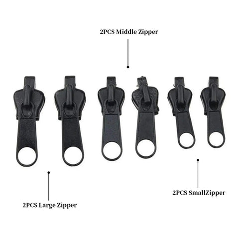 Zipper Repair Kit For Coats, Jackets, Tents And Backpacks, Includes 6 Zipper Sliders In 3 Sizes, black sliders displayed in row