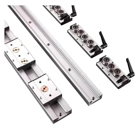 No Sweat Dual Axis Roller Linear Guide Rail Kit For Woodworking Benches Featuring Sgb10 Glide Blocks and Tough Aluminum Rails, showing components.