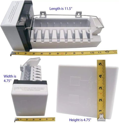 134A Refrigerator Ice Maker Add On Kit, Model Specific Assembly For W10715708 W11510803, Not Universal, AP7179124 Compatible, DIY Friendly Upgrade With Complete Ice Maker Parts showing dimensions