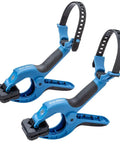 4 Inch Clamping Hose Holders Pack Of 2 With Spring Clamps And Non Slip Rubber Grip For Dust Collection Nylon And Thermoplastic Build 3 Inch Jaw Opening No Fuss Mounting For Woodworking Shops, blue hose clamps with black grip and straps.