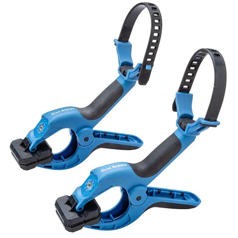 4 Inch Clamping Hose Holders Pack Of 2 With Spring Clamps And Non Slip Rubber Grip For Dust Collection Nylon And Thermoplastic Build 3 Inch Jaw Opening No Fuss Mounting For Woodworking Shops, blue hose clamps with black grip and straps.