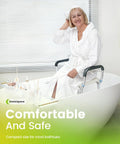 Seated woman on Heavy Duty Adjustable Shower Chair With Arms For Inside Shower 300 Lb Capacity Cutout Seat Bathtub Stool.