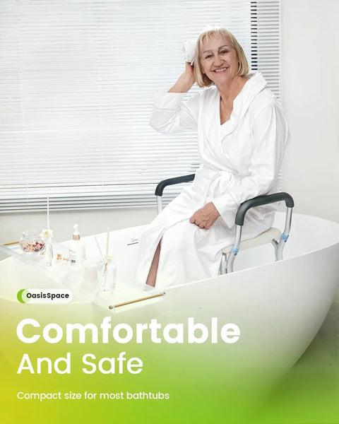 Seated woman on Heavy Duty Adjustable Shower Chair With Arms For Inside Shower 300 Lb Capacity Cutout Seat Bathtub Stool.