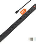 Black 12 Outlet Power Strip Built Tough With 15A Circuit Breaker, Wall Mount Ready, 6Ft 14AWG Extension Cord, shown with hardware