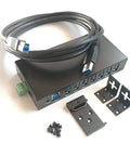 Industrial USB 3.0 7-Port Hub For DIN Rail And Panel Mounts, 5Gbps, cables and mounting brackets shown, robust setup included.