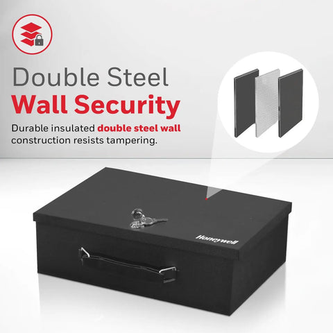 Compact Home Safe Box With Fire Resistant Insulation And Dual Key Lock Heavy Duty Steel Stash Safe For Jewelry Cash And Personal Documents 0.17 Cubic Feet Black with double steel wall construction.