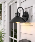 Gooseneck Barn Light With Dusk To Dawn Sensor, Wall Mount Outdoor Porch Light In Classic Black For Garden And Patio, No Fuss Auto On At Dusk Off At Dawn, Durable Farmhouse Style on white siding.
