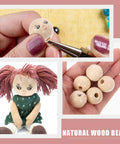 Round Wooden Smile Face Beads Set, 50 Pieces Doll Head Wood Beads for DIY Jewelry and Crafts, shown with doll and hands.