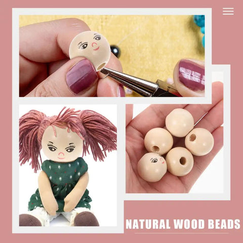 Round Wooden Smile Face Beads Set, 50 Pieces Doll Head Wood Beads for DIY Jewelry and Crafts, shown with doll and hands.