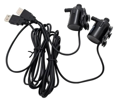 Quiet Brushless Submersible Sump Pump With Slick DC Motor And Easy USB Hookup For Smooth Operation and No Fuss Durability For All Your Home Water Projects with black USB cords.