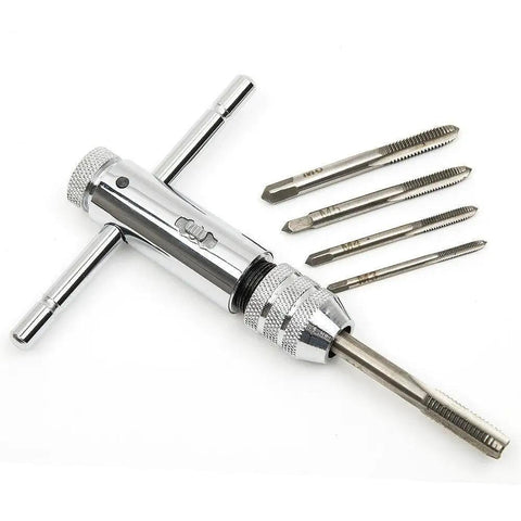Adjustable Silver T Handle Ratchet Tap Wrench Kit With 5 Pcs M3 To M8 Metric Taps 3Mm To 8Mm Thread Range Chrome Plated Finish 85Mm Length Converts For Left Or Right Hand Use Or Lock For Non Ratcheting
