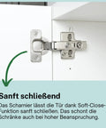 3D Soft Close Cabinet Hinge For Besta Doors with cover installed on white cabinet, silver finish, adjustable tension shown.