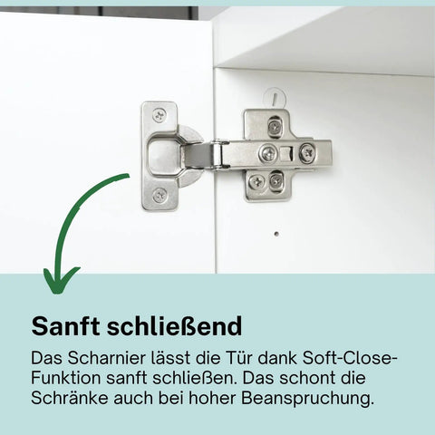 3D Soft Close Cabinet Hinge For Besta Doors with cover installed on white cabinet, silver finish, adjustable tension shown.