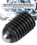 Hex Socket Ball Spring Plungers Set M10 Thread 10 Pieces Pro Grade Carbon Steel For Precise Positioning And Pressure In Machining Fixtures And Jigs Great For Quick Adjustments And Heavy Duty Everyday Workshop Use, detailed view of a carbon steel plunger among tools
