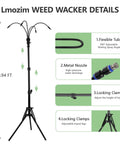 Standing Outdoor Patio Misting System Portable Cooling Unit With Adjustable Height Up To Forty Seven Inches 10000mAh Water Pump 15L Bucket Eight Nozzles For Quick Cool Down At Patio Poolside BBQ details and features shown on a display board with adjustable tube and metal nozzle details.