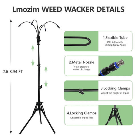 Standing Outdoor Patio Misting System Portable Cooling Unit With Adjustable Height Up To Forty Seven Inches 10000mAh Water Pump 15L Bucket Eight Nozzles For Quick Cool Down At Patio Poolside BBQ details and features shown on a display board with adjustable tube and metal nozzle details.