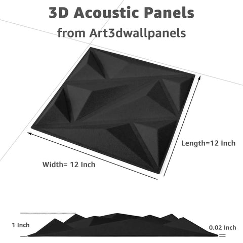 Totally Rad 3D Acoustic Panels For Walls Soundproofing Foam Tiles 12X12 Inches Black textured panel with dimensions shown.