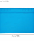 Blue Anti Static ESD Mat For Workbench And Desk 13.8 By 9.8 Inch Silicone Solder Pad With Screw Notches, shown flat with measurements.