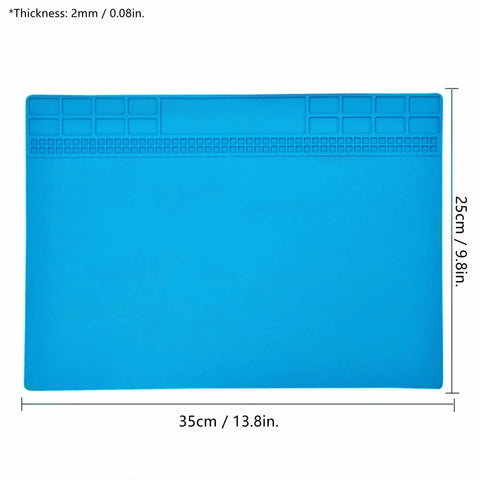 Blue Anti Static ESD Mat For Workbench And Desk 13.8 By 9.8 Inch Silicone Solder Pad With Screw Notches, shown flat with measurements.