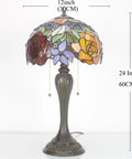 Tiffany Style Stained Glass Table Lamp With Red Rose Pattern, 12 Inch Shade, 22 Inch Tall, Resin Antique Green Bronze Base, Pull Chain, UL Listed, Cozy Bedside Desk Reading Light For Living Room And Home Office