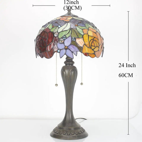 Tiffany Style Stained Glass Table Lamp With Red Rose Pattern, 12 Inch Shade, 22 Inch Tall, Resin Antique Green Bronze Base, Pull Chain, UL Listed, Cozy Bedside Desk Reading Light For Living Room And Home Office