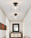 Semi Flush Mount Ceiling Light With Seeded Glass Shade In Black Finish Modern Farmhouse Style Fixture in hallway