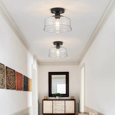 Semi Flush Mount Ceiling Light With Seeded Glass Shade In Black Finish Modern Farmhouse Style Fixture in hallway