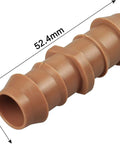 Close-up of a brown plastic barbed coupling fitting for 1/2 inch drip tubing, 17mm, 20 Pack Drip Irrigation Barbed Coupling Fittings For Half Inch Tubing 17 mm Barbed Connectors Fits 0.560 To 0.600 Inch ID Easy Install Durable Garden Irrigation System Couplers
