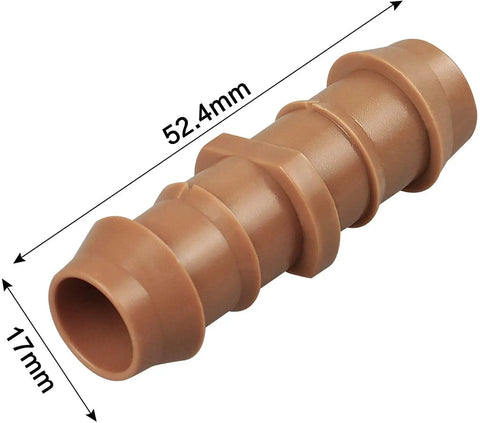 Close-up of a brown plastic barbed coupling fitting for 1/2 inch drip tubing, 17mm, 20 Pack Drip Irrigation Barbed Coupling Fittings For Half Inch Tubing 17 mm Barbed Connectors Fits 0.560 To 0.600 Inch ID Easy Install Durable Garden Irrigation System Couplers