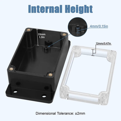 IP65 Waterproof ABS Junction Box With Clear Cover Enclosure For Indoor And Outdoor Use Rugged Black Project Box With External Mounting Ears Tough As Nails Weather Ready 3.9 By 2.6 By 1.9 Inches, internal height diagram