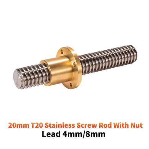 T20 Trapezoidal Lead Screw 20mm Diameter Pitch 4mm Lead 8mm 950mm Length Comes With Brass Nut for CNC Machines and 3D Printers.