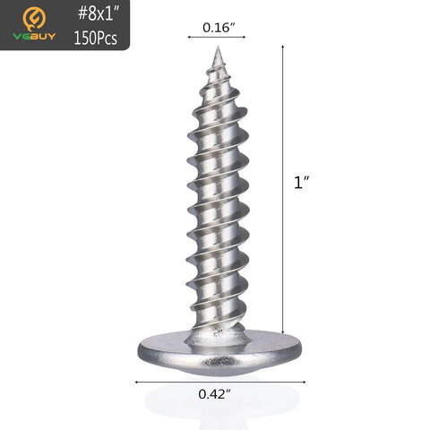 Rock Solid 150 Piece Set Of Heavy Duty Eight By One Inch Phillips Truss Head Stainless Steel Self Tapping Fastener, 1 inch length, 0.42 inch head.