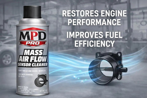 Delicate MAF Sensor Cleaner Spray With Professional Formula That Cleans Without Residue, Safely Removes Buildup For Accurate Readings, And Boosts Engine Performance, Fuel Efficiency, And Throttle Response Pack One bottle next to mass air flow sensor