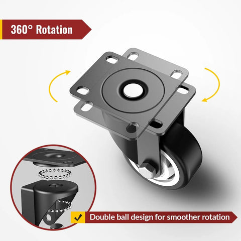 Rock Solid 3 Inch Heavy Duty Swivel Plate Caster Wheels with Smooth Quiet PVC Tires No Brake Design 8 Pack showcasing 360-degree rotation.