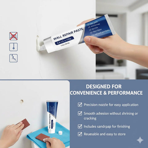 Person using All-In-One Drywall Repair Kit With Scraper And Fast-Dry Paste, Spackle Wall Patch Putty Tube on wall crack.