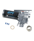 M-1115S-PO Fuel Transfer Pump For Stationary Tanks, 12 GPM At 115V, Built Tough For Gasoline Blends Up To E15, Diesel Up To B20, And Kerosene, Includes Spin Collar And Lockable Nozzle Holder For Quick, Safe Refills. compact pump with fittings on white background