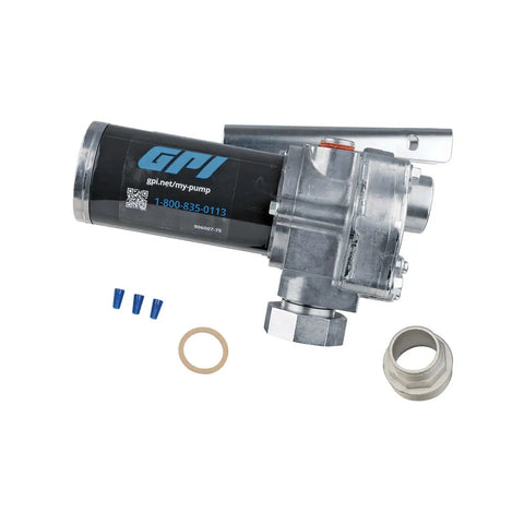 M-1115S-PO Fuel Transfer Pump For Stationary Tanks, 12 GPM At 115V, Built Tough For Gasoline Blends Up To E15, Diesel Up To B20, And Kerosene, Includes Spin Collar And Lockable Nozzle Holder For Quick, Safe Refills. compact pump with fittings on white background
