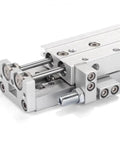 Heavy Duty Dual Axis Sliding Table Pneumatic Cylinder Killer Smooth Glide Mechanical Actuator detailed view of aluminum body and rods.