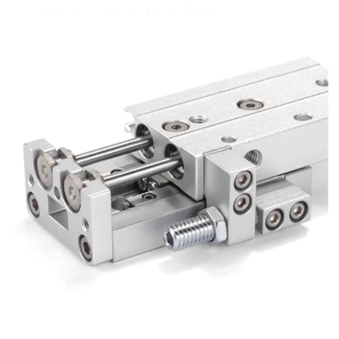 Heavy Duty Dual Axis Sliding Table Pneumatic Cylinder Killer Smooth Glide Mechanical Actuator detailed view of aluminum body and rods.